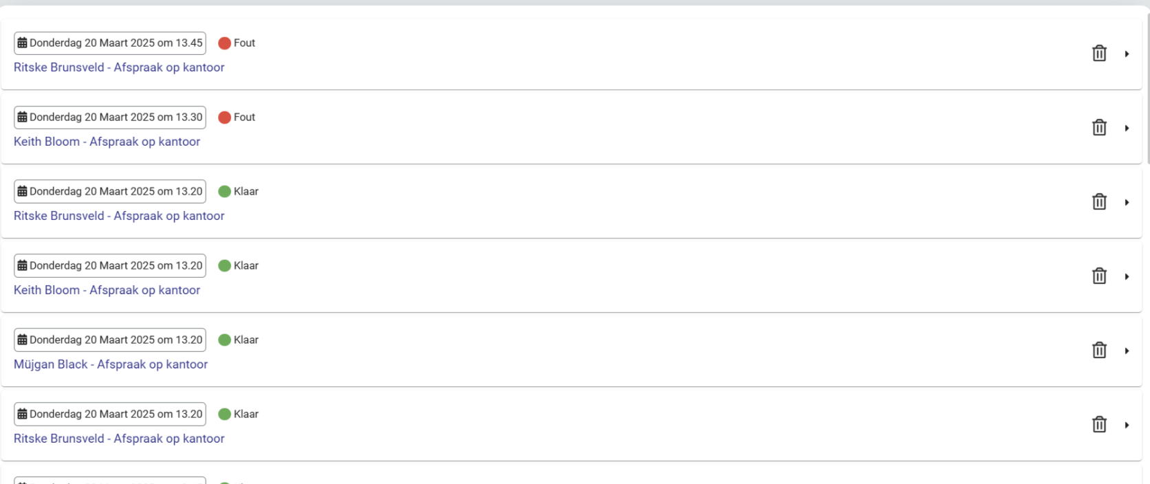 Afspraken met foutmeldingen