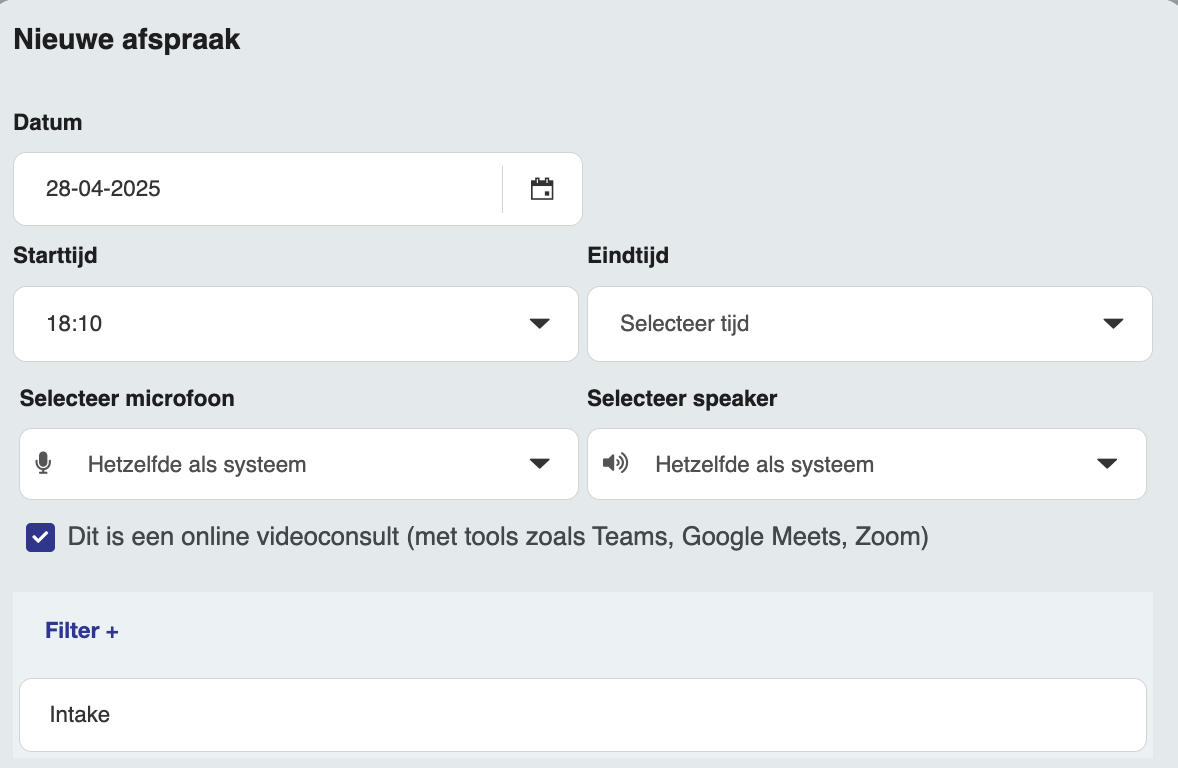 Nieuwe afspraak maken voor online gesprek